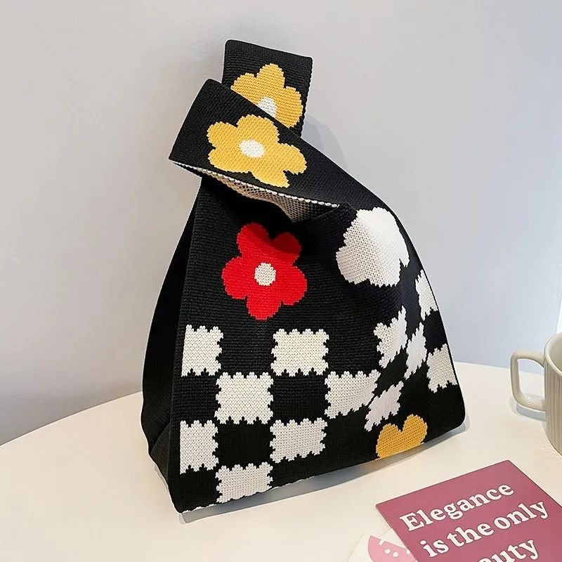 Knitted Handbag With Cute Pattern: Panda, Cat, Flowers, Cute Shopping Bag, Lunch Box Bag, Tote Bag