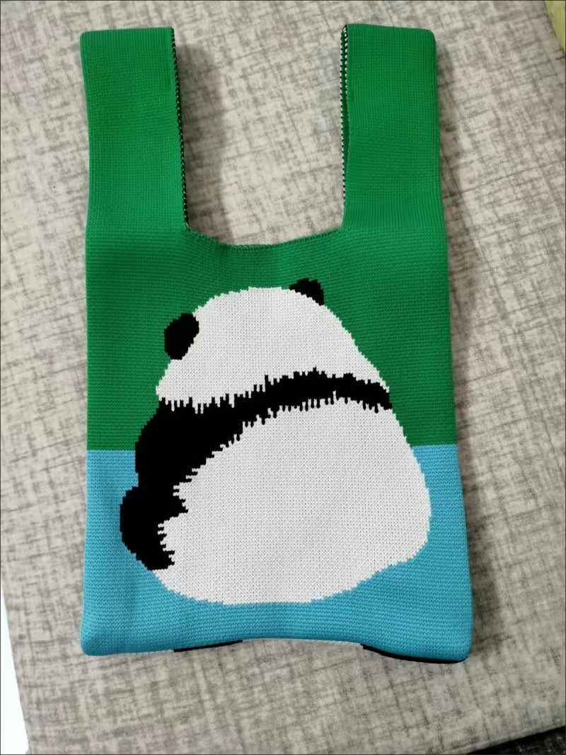 Knitted Handbag With Cute Pattern: Panda, Cat, Flowers, Cute Shopping Bag, Lunch Box Bag, Tote Bag